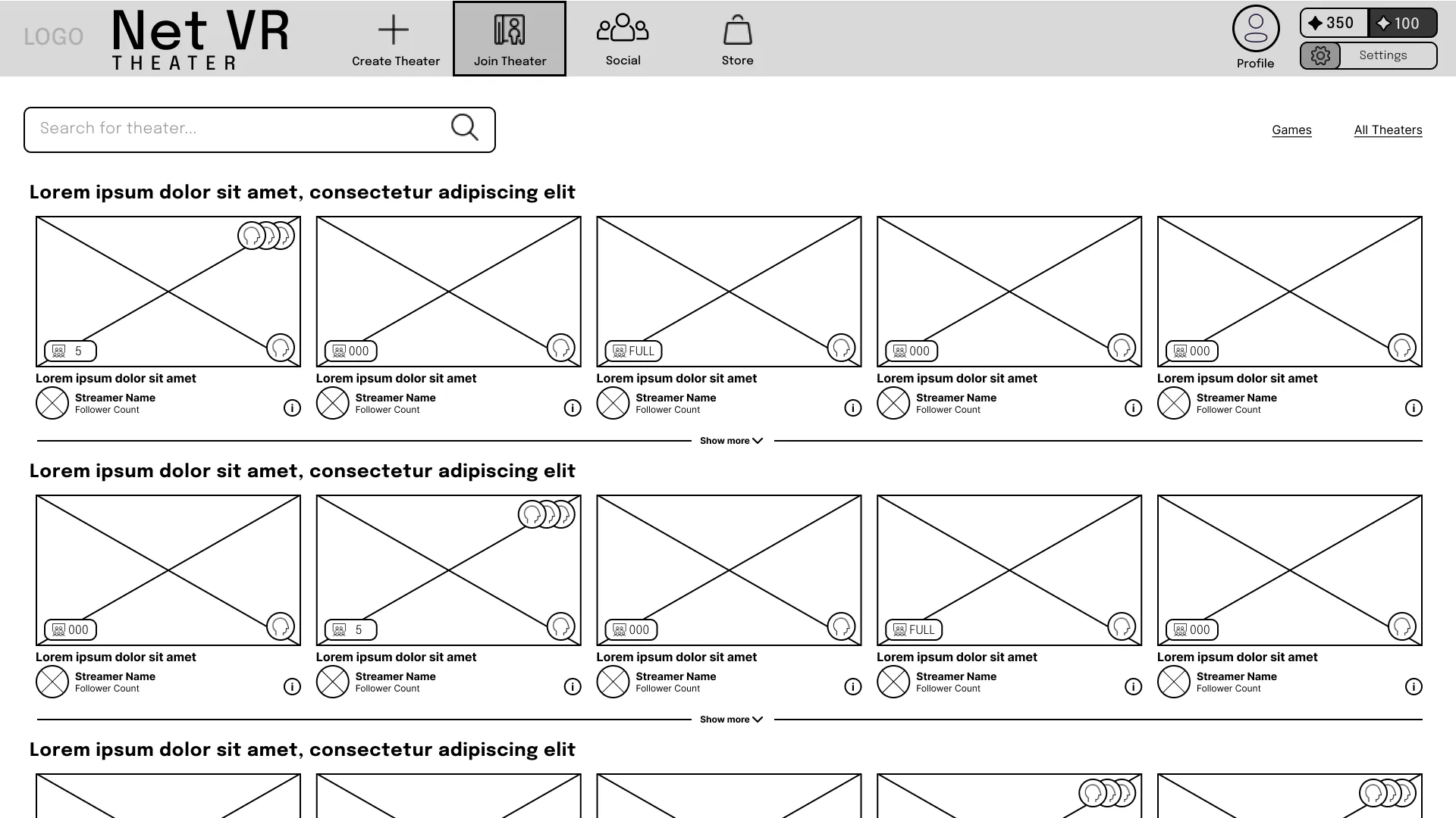 The Net VR — Low-Fidelity Wireframes (2 of 4)